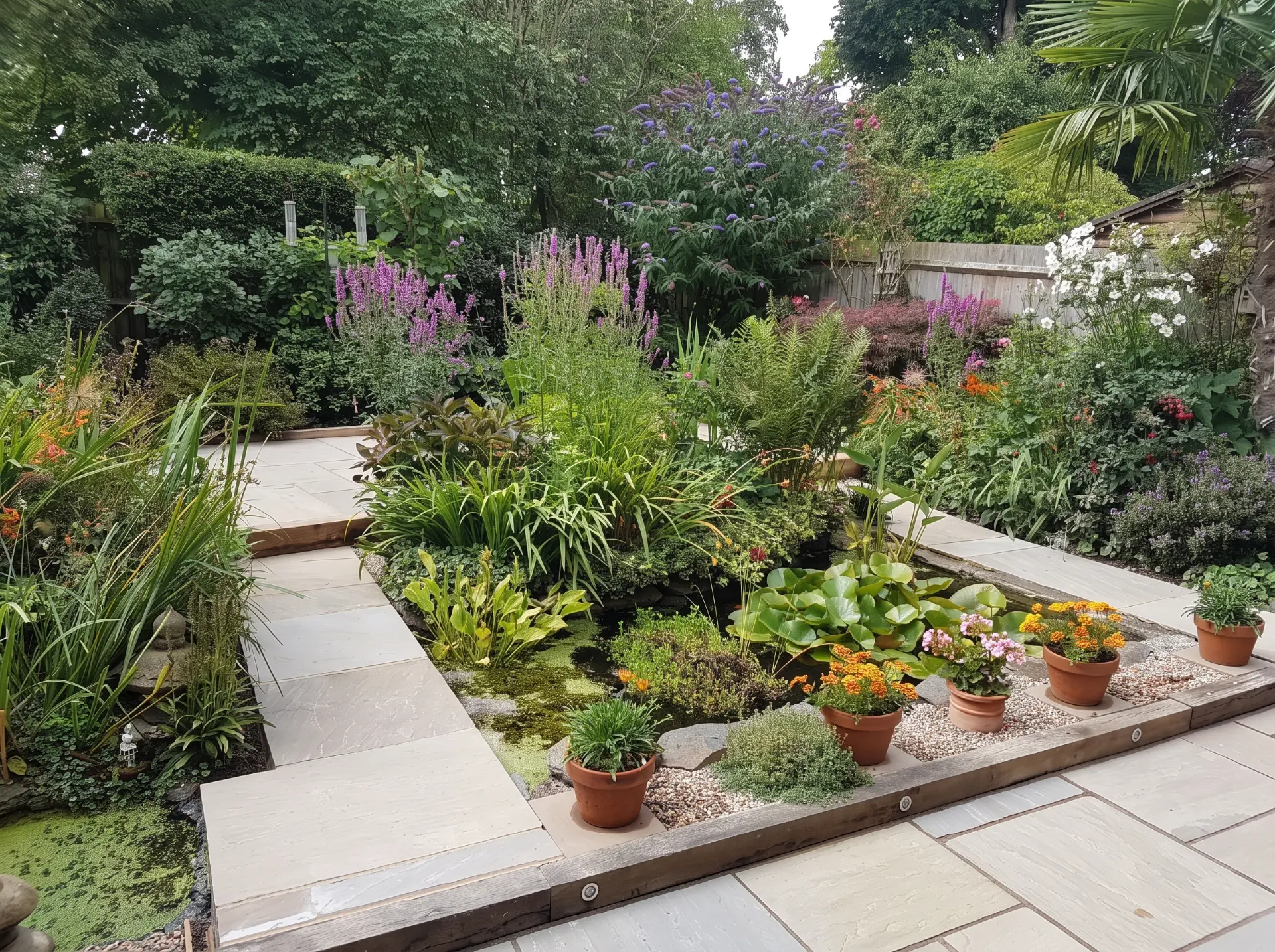 Newly landscaped garden with a wildlife pond, sandstone paving, terracotta pots and layered planting borders