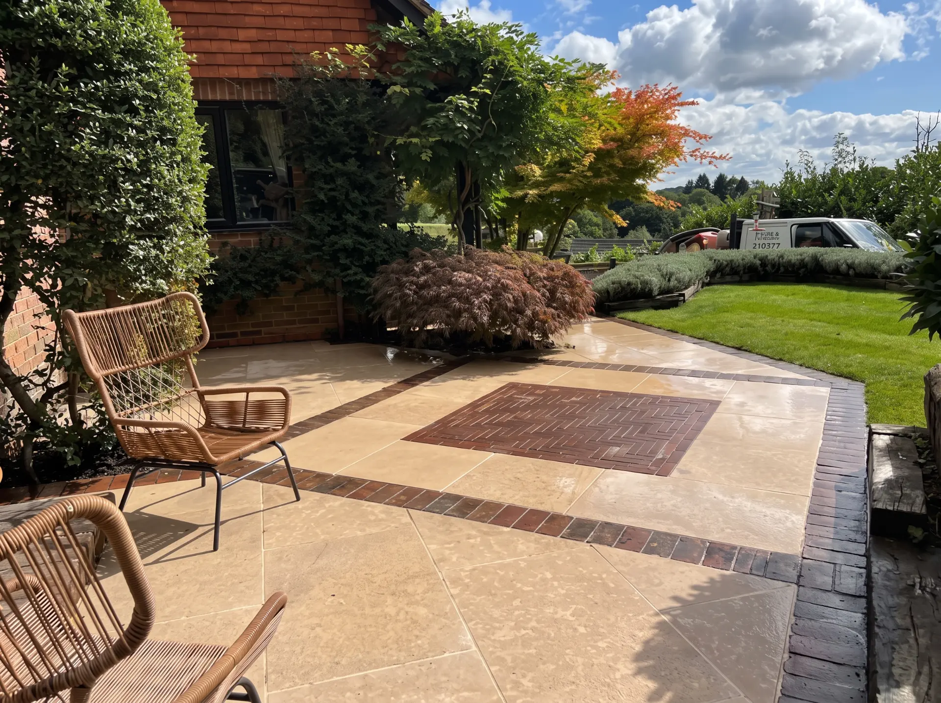 Cream sandstone patio with a brick herringbone inset, brick edging and manicured lawn beside a brick home