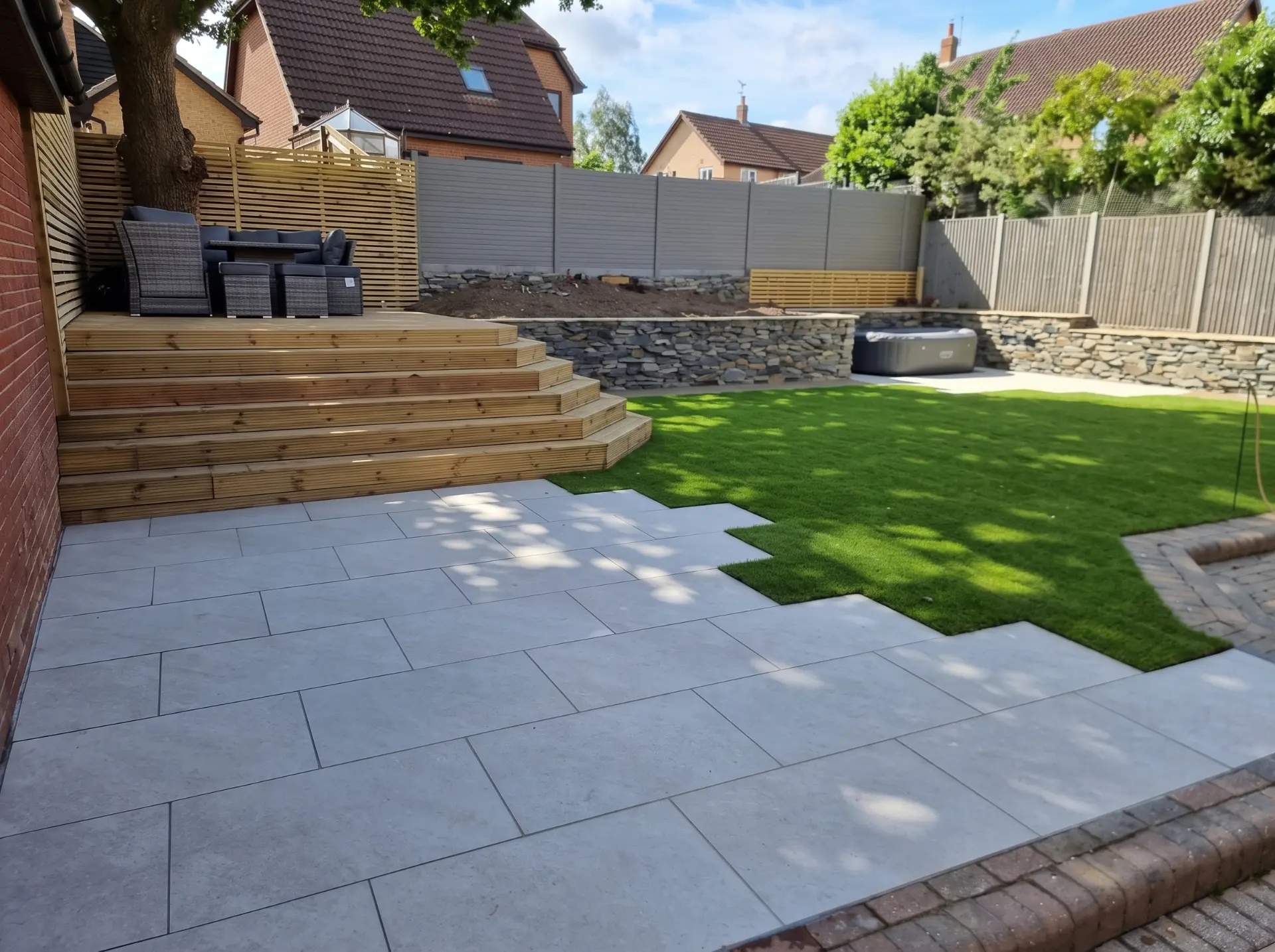 Grey porcelain patio with timber steps up to a raised seating deck, stone retaining walls and a hot tub
