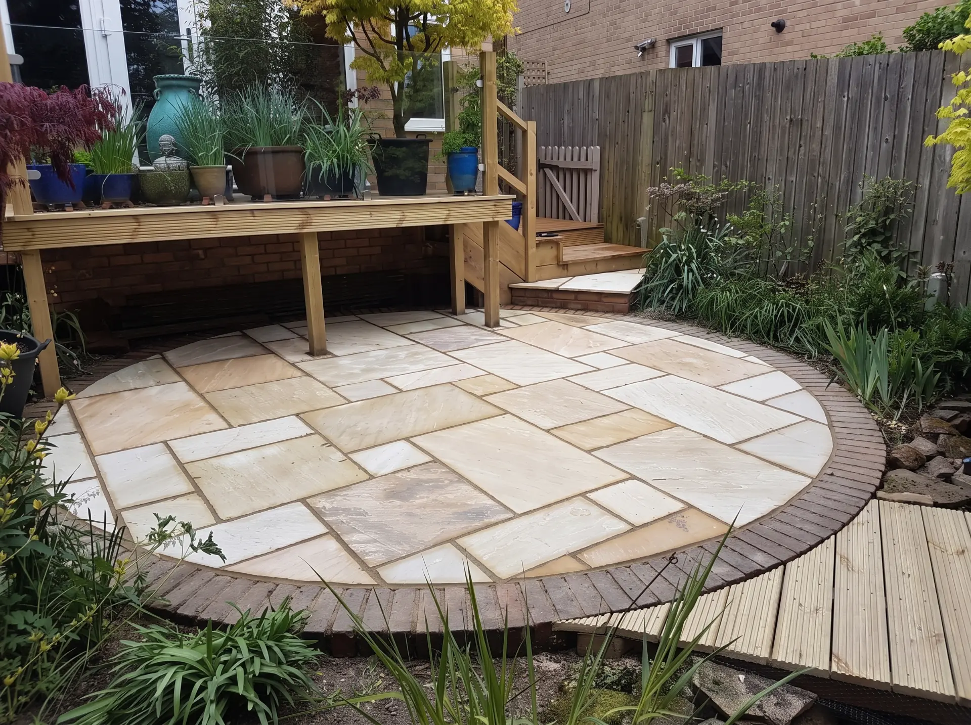 Circular sandstone patio edged in brick, with a raised timber deck, potted planting and timber steps